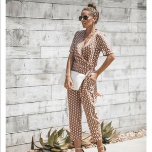 Pocketed faux wrap polka dot jumpsuit